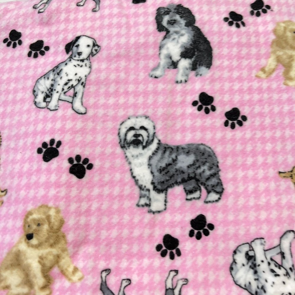 Pink Flannel Fabric Dog Breeds Dalmations Sheepdogs Boxers Spaniels Paws 36"x42"